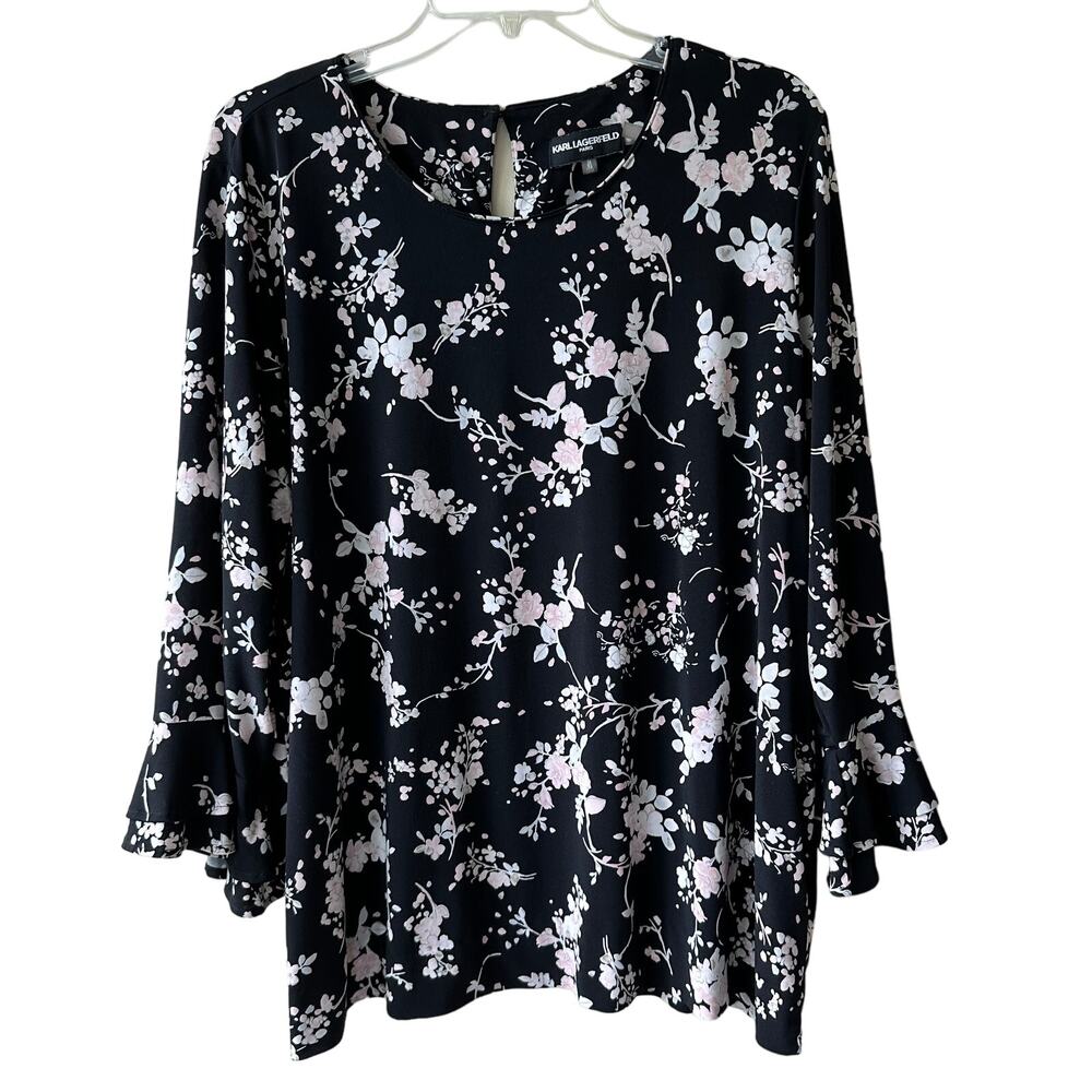 Karl Lagerfeld Yessie Floral Blouse Top Trumpet Flutter Sleeve Black 1X Fairy - Picture 4 of 13